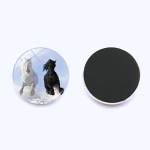 Front and back views of a 25mm glass fridge magnet with running horse artwork