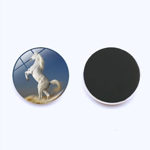 Front and back views of 25mm round glass fridge magnets featuring a running white horse