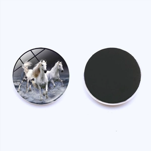Close-up of circular glass fridge magnets with running white horse pattern and black magnetic back