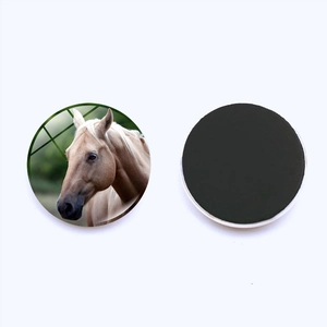 Macro view of 25mm glass fridge magnet featuring a brown horse portrait and magnetic back