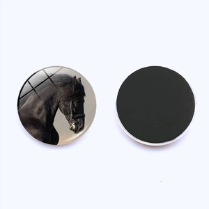 Round glass refrigerator magnet featuring a black horse portrait with a strong magnetic back