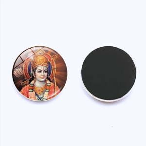 Round glass refrigerator magnet featuring a colorful Hindu god Lord Rama portrait