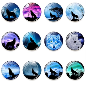 Glass Refrigerator Magnet Circular Howling Wolf Silhouette Aurora Art Home Decor For Fridge Whiteboard Magnetic Sticker