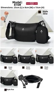 Detail view of black nylon crossbody bag set showing 25x8x15cm dimensions and inner pockets