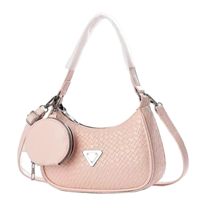 Pale pink woven textured hobo bag with mini pouch and silver triangular plaque