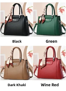 Detailed view of four elegant leather tote bags in black, green, khaki, and wine red colors
