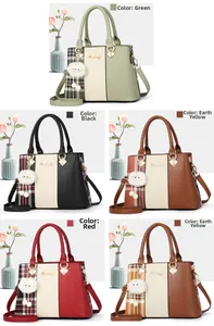 Close-up showing colorful patchwork PU leather handbags with branded logo and cloud charm