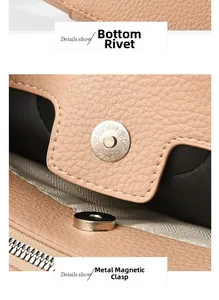 Detail of hardware magnetic buckle, bottom rivets and lychee grain leather handbag