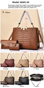 Three-piece women crocodile pattern handbag set with detailed size dimensions