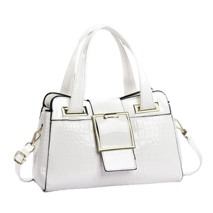 White faux crocodile embossed leather tote bag with gold buckle and adjustable strap