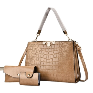 Brown 3-piece bag set with crocodile texture handbag, wallet, and card holder