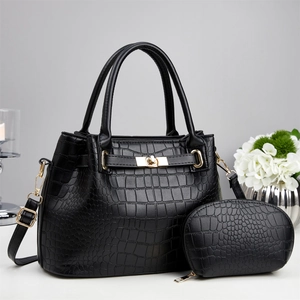Black crocodile pattern tote bag set with matching small pouch and gold hardware