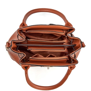 Deep brown faux crocodile texture handbag with triple zipper compartments and dual handles