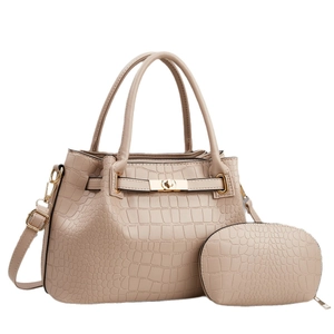 Nude beige crocodile embossed tote bag set with mini coin purse and gold hardware