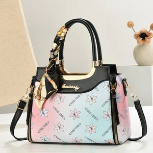 Women Handbag Gradient PU Leather Floral Print Crossbody Bag With Scarf Wrapped Handle And Detachable Strap