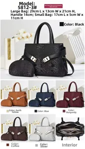 Detail view of stylish embossed tote bag set with dimensions and multiple color options