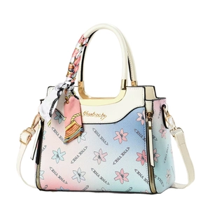 Fashionable floral gradient tote bag for women with floral scarf and white shoulder strap
