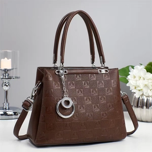 Brown textured large capacity handbag with checkered pattern and silver metal charm