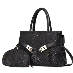 Fashionable black snake embossed faux leather tote bag and pouch set with gold hardware