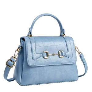 Light blue faux crocodile handbag with gold horsebit buckle and adjustable shoulder strap