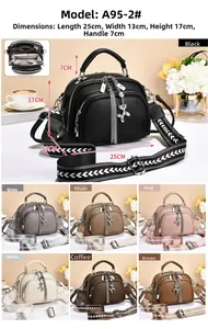 Litchi pattern leather handbag with dog charm and tassels showing 7 colors and size details