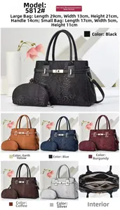 Detail view of large tote and mini pouch set with faux snake skin texture and various colors