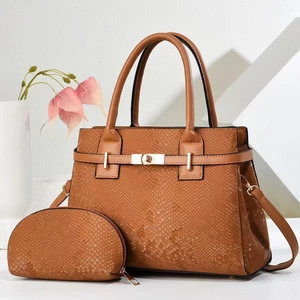 Brown snakeskin embossed tote bag set with detachable strap and small matching pouch