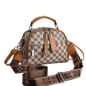 Checkerboard pattern crossbody bag with leather trim and wide printed shoulder strap