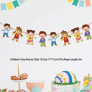 Cartoon Children's Day party banner with 8 flags and 3m red string for birthday decor