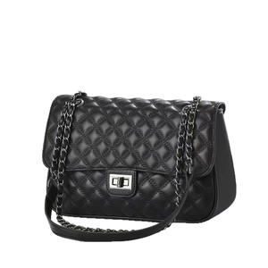 Classic black quilted crossbody bag with silver lock and leather chain strap for women
