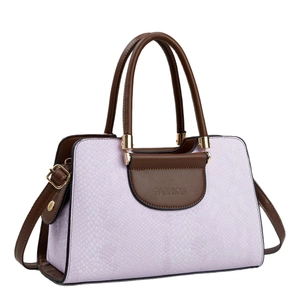 Chic two-tone handbag in lavender faux crocodile leather with dark brown strap and gold hardware