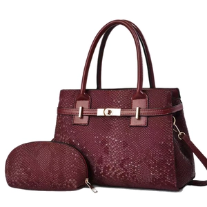 Faux snakeskin tote bag set in burgundy including large handbag and matching small purse