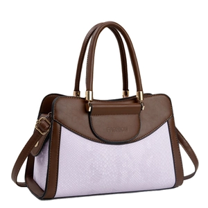 Brown leather boston bag with purple snakeskin panel and gold metal handles