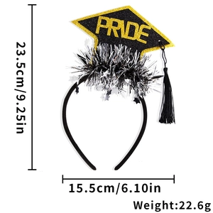 Detail of Graduation headband with black glitter cap, gold PRIDE text and silver tassels