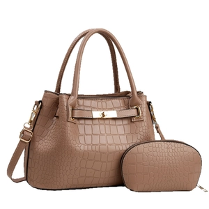 Mocha brown crocodile pattern tote bag set with golden hardware and matching pouch