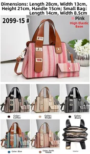 Detail view of woven leather patchwork tote bag and pouch set with internal compartments