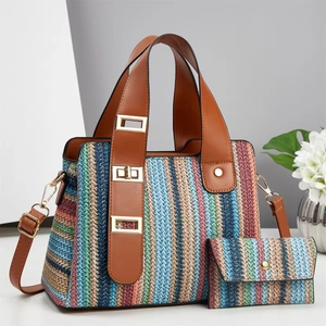 Women Fashion Woven Striped Tote Bag Set With Matching Pouch PU Leather Trim Shoulder Handbag Casual Beach Vacation Bag