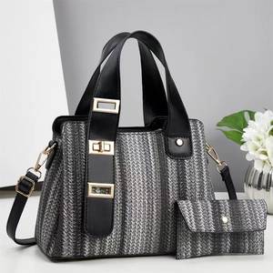 Fashionable large capacity woven tote bag set with adjustable strap and golden hardware