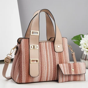 Chic woven striped handbag and matching wallet set with khaki leather trim and golden hardware