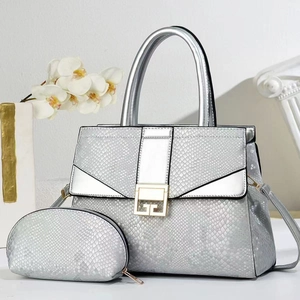 Detail view of silver snakeskin texture handbag with metallic finish and gold buckle