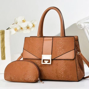 Brown faux snakeskin tote set for women with golden G-buckle and matching pouch