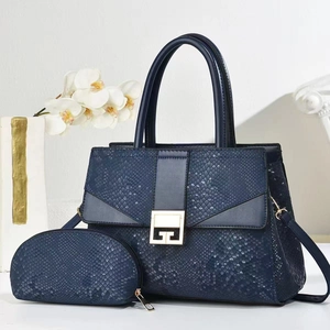 Navy blue snake skin texture handbag and small pouch set with elegant metal buckle