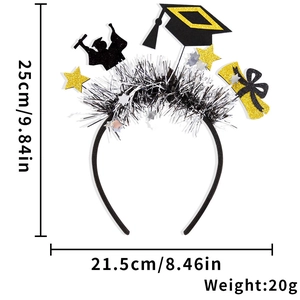 Detailed size specifications for a graduation headband featuring stars and mini doctor cap