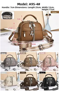 Detail view of leather handbag with tassel charm showing multiple color options and dimensions