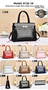 Detailed dimensions of crocodile pattern handbag showing 28cm length and strap height