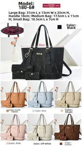 Three-piece women's handbag set showing size dimensions and multiple color options
