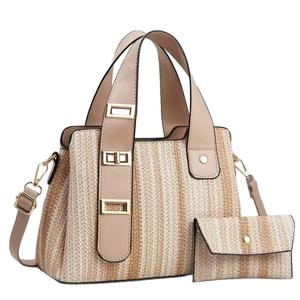 Woven striped tote bag and pouch set with brown leather straps and gold metal hardware