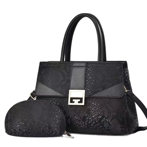 Chic black snake-pattern embossed tote bag set with golden G-buckle and small pouch