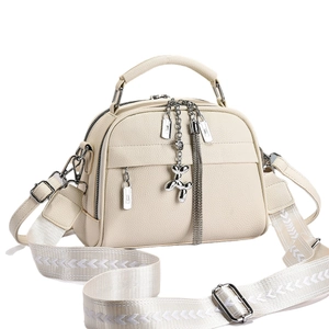Off-white lychee texture satchel with wide crossbody strap and balloon dog charm