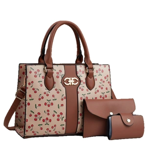 3-piece women's handbag set featuring cherry print shoulder bag, wallet, and card holder